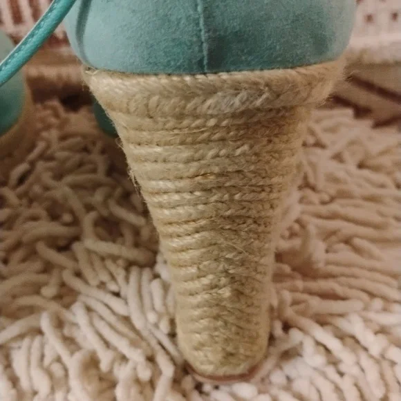 Trina Turk Turquoise Suede Leather Lace up Ankle Wrap Wedge Sandals - Picture 7 of 12